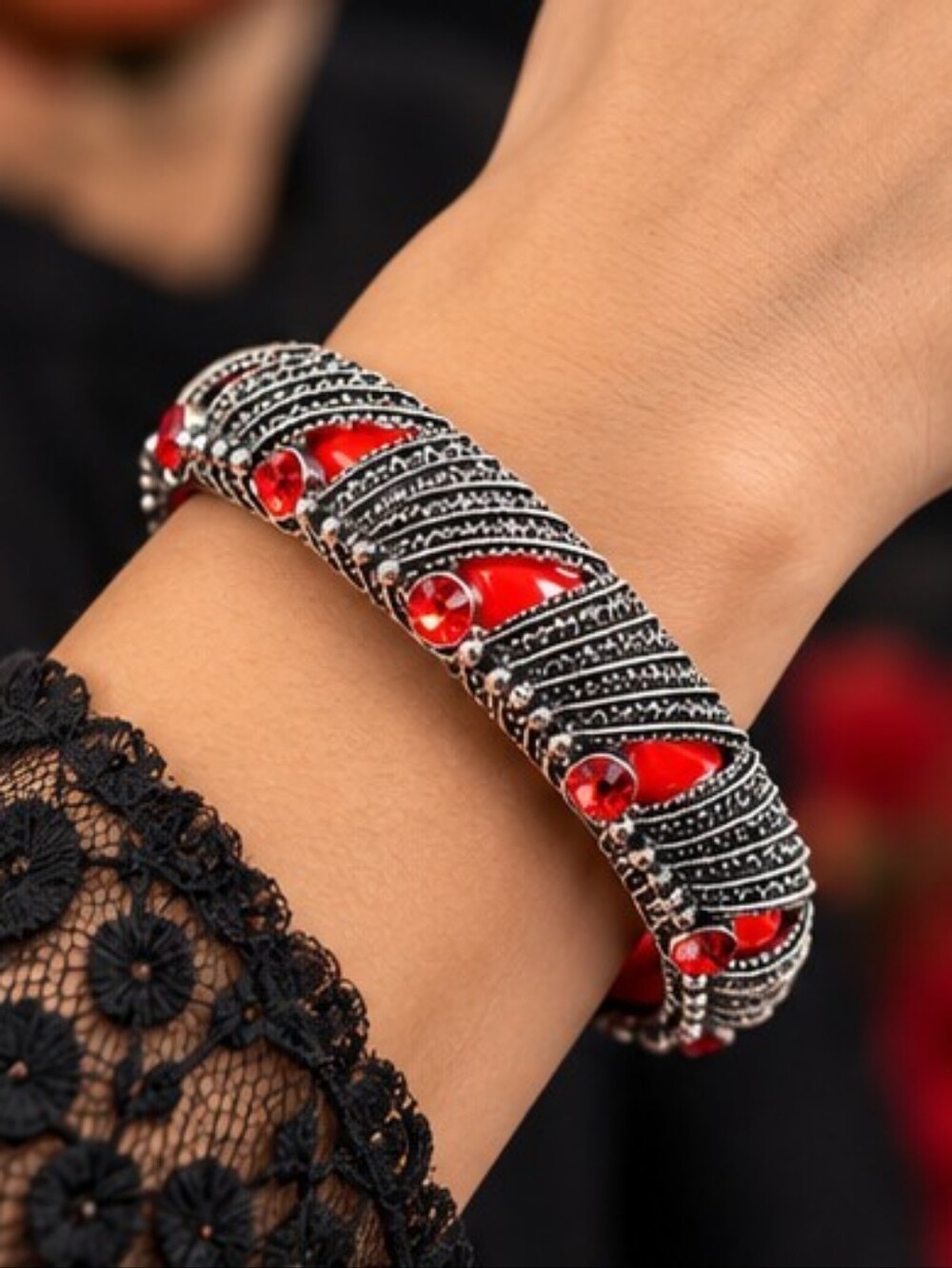 NOS Red Lucite Rhinestone Silver Tone Statement Bangle Bracelet NWT